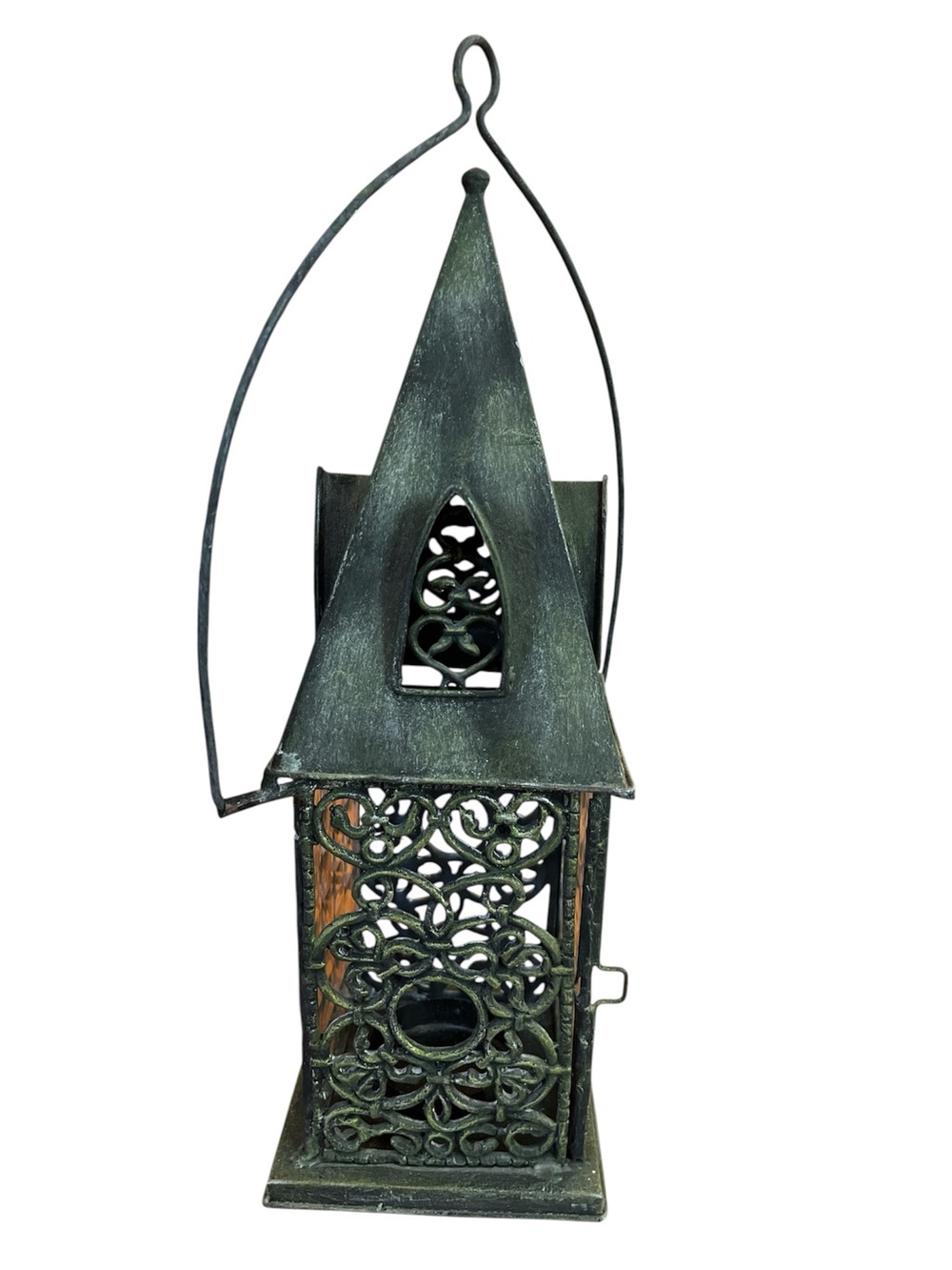 Decorative Green Metal and Glass Cathedral Style 12”H Lantern Filigree Detailing - Picture 5 of 15